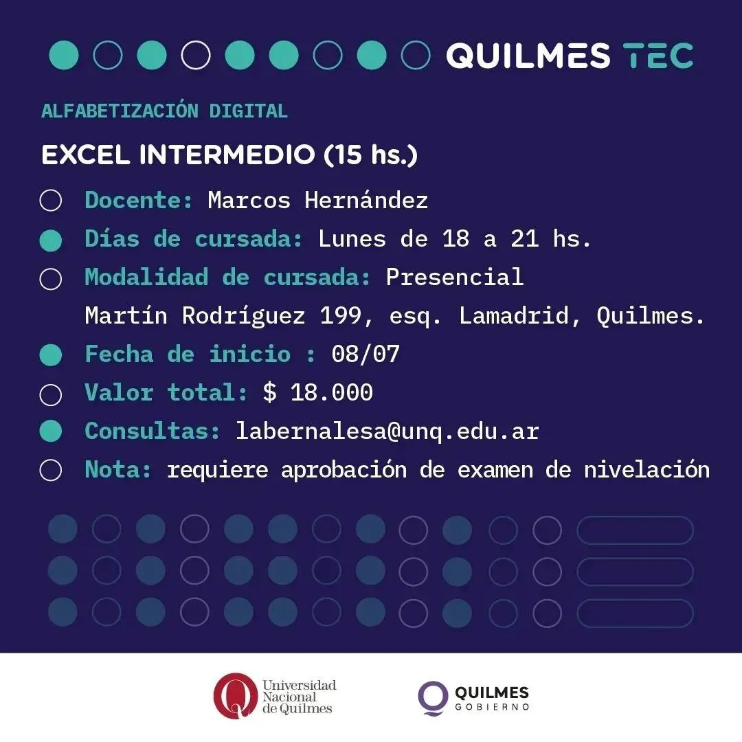 EL MUNICIPIO INFORMA QUE EN JULIO ARRANCAN LOS NUEVOS CURSOS INTENSIVOS DE QUILMES TEC EN LA BERNALESA 4